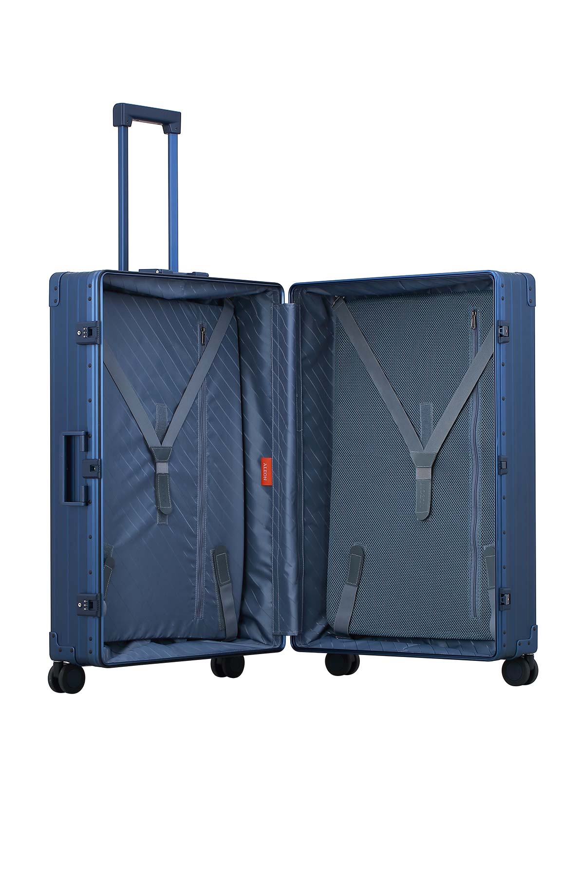 Blue-32-inch-aluminum-luggage|The ALEON 32″ Macro Plus Traveler Large Check-In, crafted from aircraft-grade aluminum, stands upright on a pristine hotel lobby floor. Its hard-shell design, reinforced corners, and TSA-approved locks emphasize security and durability for long-haul journeys.|An open sapphire blue ALEON 32″ Macro Plus reveals its meticulously organized interior, featuring compression 