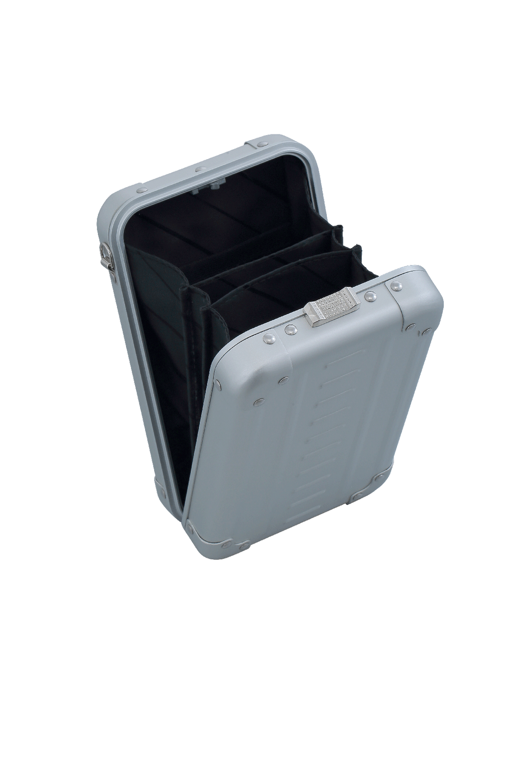 Open cross body case made with aluminum|ALEON vertical crossbody case displayed with highlighted features, including double reinforced aluminum corners for enhanced durability and an aluminum clasp for secure closure. The case is open, revealing organized interior compartments. Brand name 'ALEON' and tagline 'TIMELESS BY DESIGN. BUILT TO LAST.' are shown at the top right.|Aleon vertical crossbody 