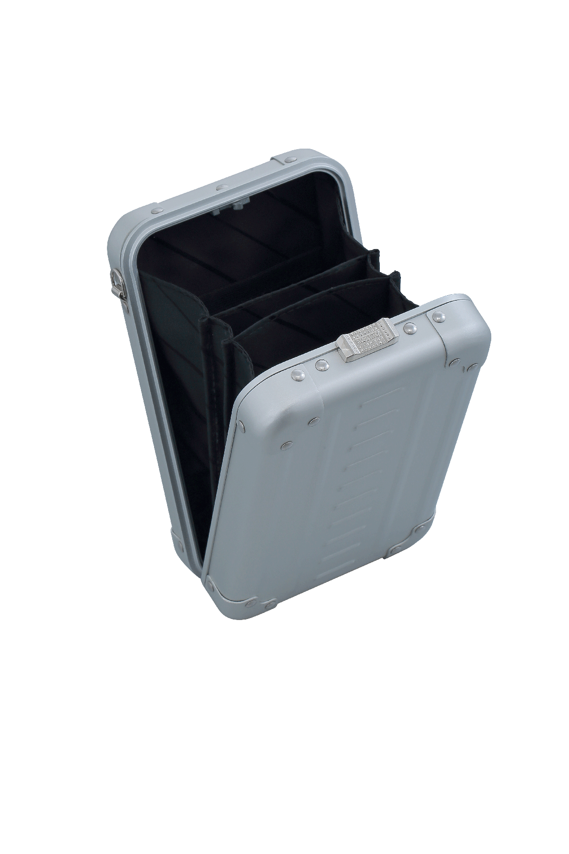 Open cross body case made with aluminum|ALEON vertical crossbody case displayed with highlighted features, including double reinforced aluminum corners for enhanced durability and an aluminum clasp for secure closure. The case is open, revealing organized interior compartments. Brand name 'ALEON' and tagline 'TIMELESS BY DESIGN. BUILT TO LAST.' are shown at the top right.|Aleon vertical crossbody 