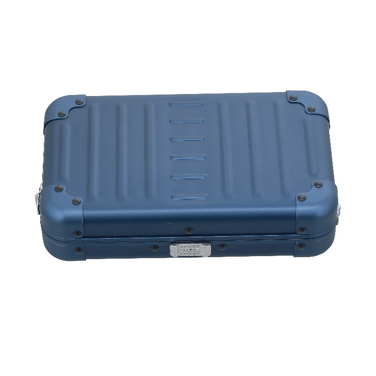 Aluminnum-Hand-Bag-opened-1905-Blue|Aleon sapphire blue crossbody bag featuring interior RFID-blocking pockets for secure storage. The bag is open, showcasing multiple organized compartments designed to protect personal items such as cards and passports. Aleon logo and tagline 'Timeless by design. Built to last.' are displayed in the top right corner.|Aleon sapphire blue crossbody bag designed wit