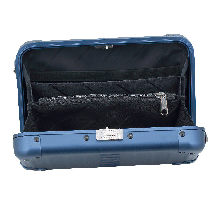 Aluminnum-Hand-Bag-opened-1905-Blue|Aleon sapphire blue crossbody bag featuring interior RFID-blocking pockets for secure storage. The bag is open, showcasing multiple organized compartments designed to protect personal items such as cards and passports. Aleon logo and tagline 'Timeless by design. Built to last.' are displayed in the top right corner.|Aleon sapphire blue crossbody bag designed wit