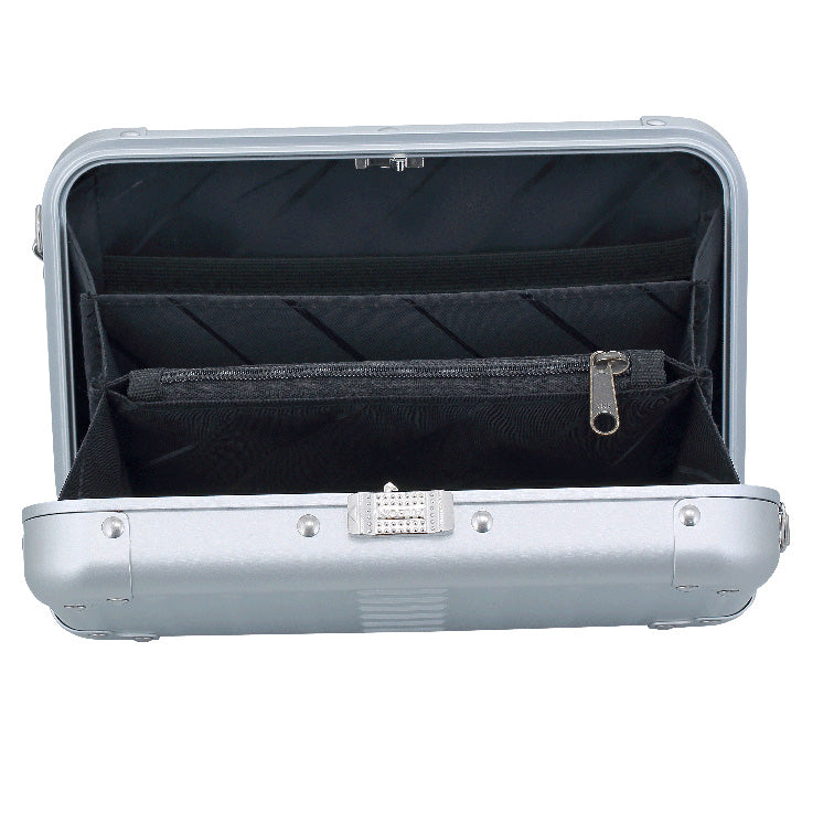 Aluminnum-Hand-Bag-opened-1905-silver|Aleon silver crossbody bag featuring interior RFID-blocking pockets for secure storage. The bag is open, showcasing multiple organized compartments designed to protect personal items such as cards and passports. Aleon logo and tagline 'Timeless by design. Built to last.' are displayed in the top right corner.|Aleon silver crossbody bag designed with aircraft-g