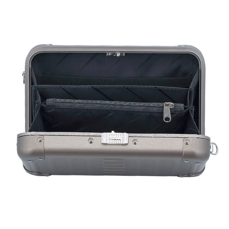 Aluminnum-Hand-Bag-opened-1905-BR|Aleon small bronze crossbody bag featuring interior RFID-blocking pockets for secure storage. The bag is open, showcasing multiple organized compartments designed to protect personal items such as cards and passports. Aleon logo and tagline 'Timeless by design. Built to last.' are displayed in the top right corner.|Aleon bronze crossbody bag designed with aircraft