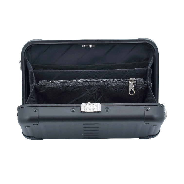 Aluminnum-Hand-Bag-opened-1905-Black|Aleon onyx black crossbody bag featuring interior RFID-blocking pockets for secure storage. The bag is open, showcasing multiple organized compartments designed to protect personal items such as cards and passports. Aleon logo and tagline 'Timeless by design. Built to last.' are displayed in the top right corner.|ALEON black crossbody case displayed with highli