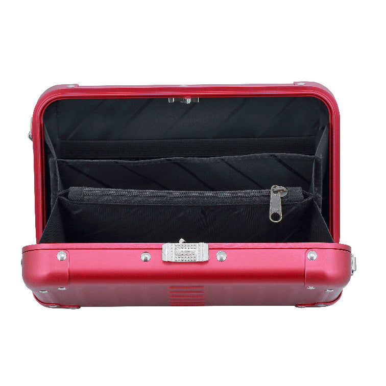 Aluminnum-Hand-Bag-opened-1905-REd-tag|Aleon red ruby crossbody bag featuring interior RFID-blocking pockets for secure storage. The bag is open, showcasing multiple organized compartments designed to protect personal items such as cards and passports. Aleon logo and tagline 'Timeless by design. Built to last.' are displayed in the top right corner.|ALEON red ruby crossbody case displayed with hig