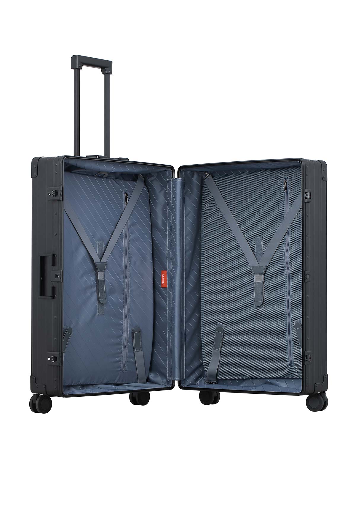Black-32-inch-aluimunm-checked-bag|The black onyx ALEON 32″ Macro Plus glides smoothly through an airport terminal, its high-performance wheels designed for quiet and stable movement. The ergonomic telescoping handle ensures comfortable handling, even in bustling travel environments.|The ALEON 32″ black Macro Plus glides smoothly through an airport terminal, its high-performance wheels designed fo
