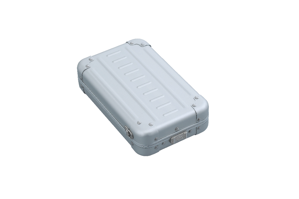 Open cross body case made with aluminum|ALEON vertical crossbody case displayed with highlighted features, including double reinforced aluminum corners for enhanced durability and an aluminum clasp for secure closure. The case is open, revealing organized interior compartments. Brand name 'ALEON' and tagline 'TIMELESS BY DESIGN. BUILT TO LAST.' are shown at the top right.|Aleon vertical crossbody 