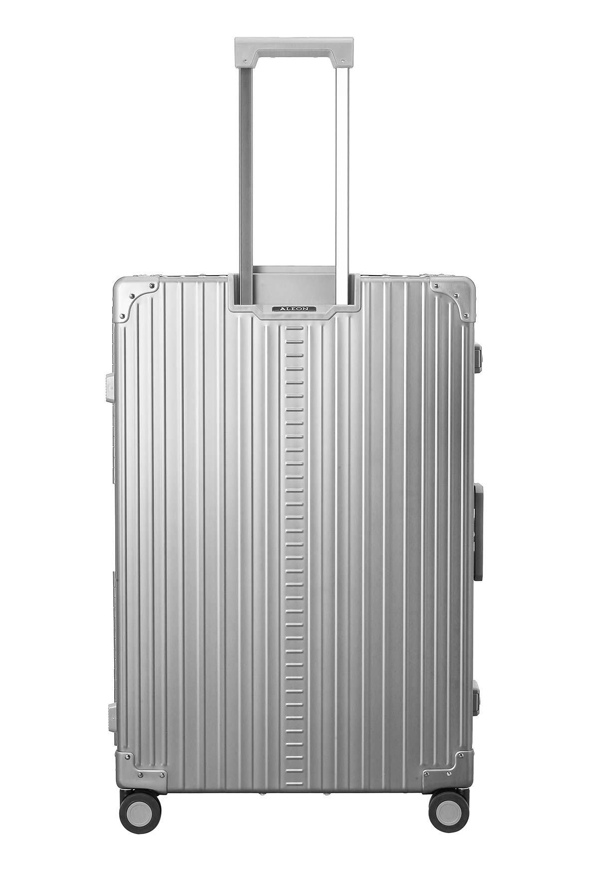 Side front profile of Aleon 32" Checked Luggage made for long trips with durable aluminum exterior||||The ALEON 32″ Macro Plus Traveler, with its brushed aluminum finish, leans against a baggage claim carousel. Its sleek exterior catches ambient lighting, showcasing its premium craftsmanship and refined design built for sophisticated travelers.|Bronze|Onyx Blank Aluminum Luggage Color|Aluminum lug