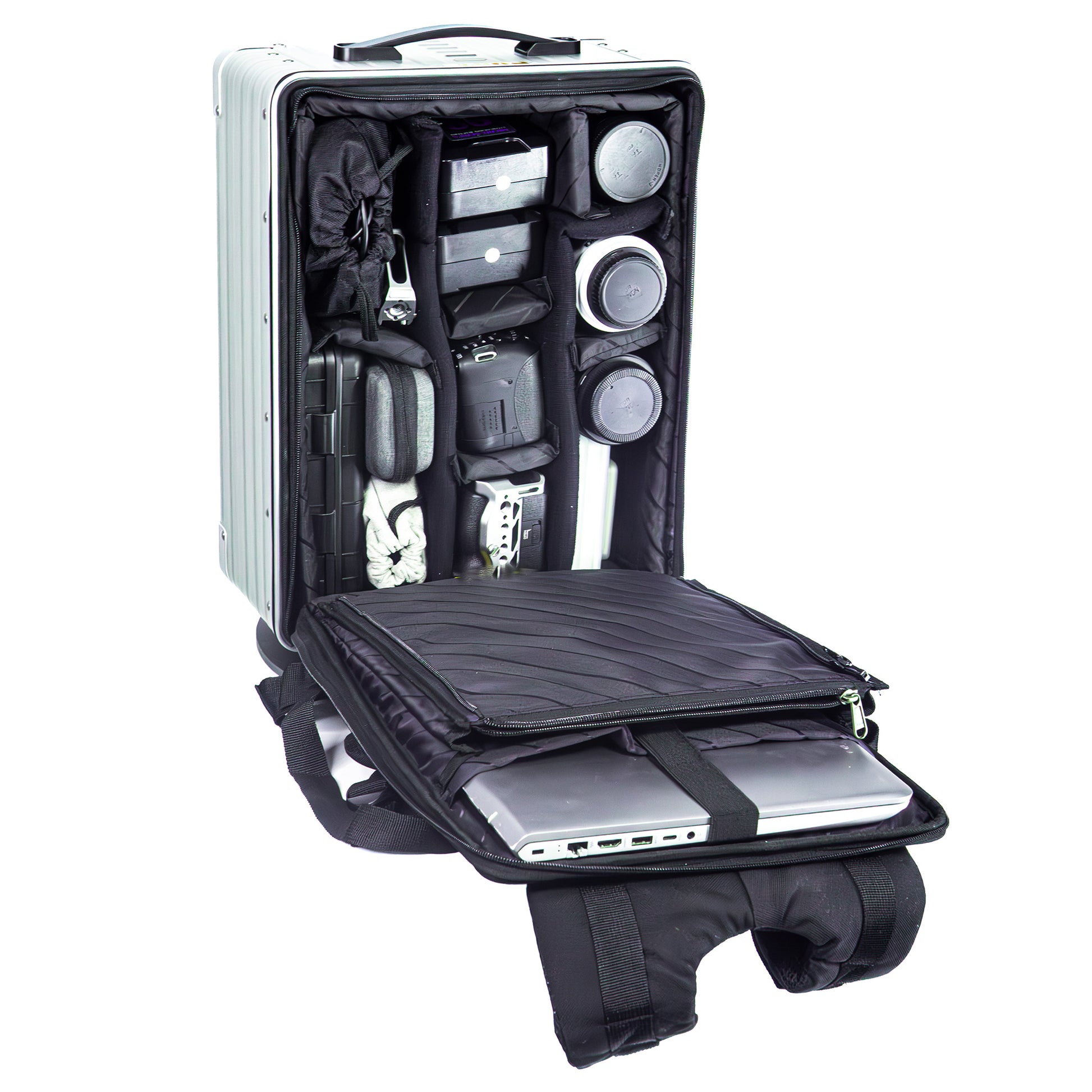 Aleon photography backpack open to show organized camera gear, lenses, and accessories in padded compartments.