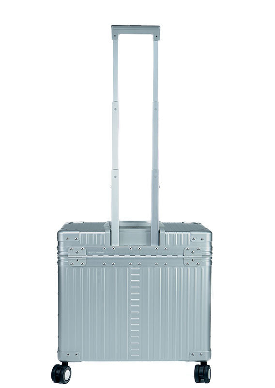 |Aleon pilot case open with dividers and aluminum construction|Aleon pilot case with full piano hinge and spinner wheels|17-inch-4-wheeled-aluminum-pilocase-inBlack-|Black-Back-side-of-4-wheeled-pilotcase|Black-17-ince-4-wheel-open-pilot-case||