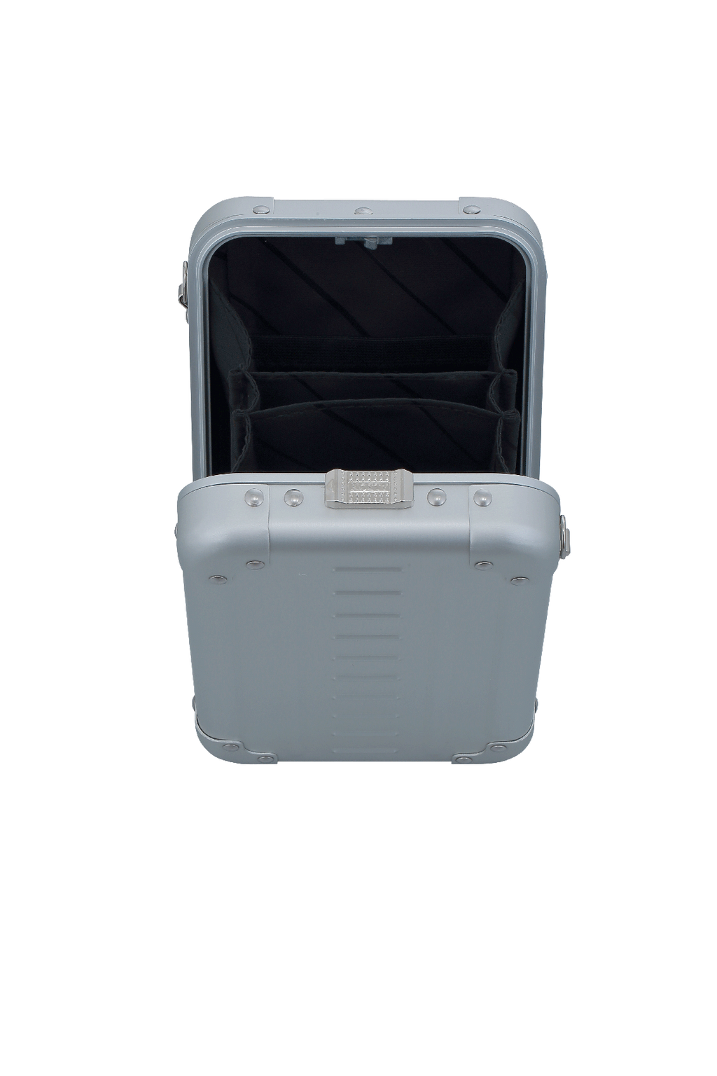 Open cross body case made with aluminum|ALEON vertical crossbody case displayed with highlighted features, including double reinforced aluminum corners for enhanced durability and an aluminum clasp for secure closure. The case is open, revealing organized interior compartments. Brand name 'ALEON' and tagline 'TIMELESS BY DESIGN. BUILT TO LAST.' are shown at the top right.|Aleon vertical crossbody 