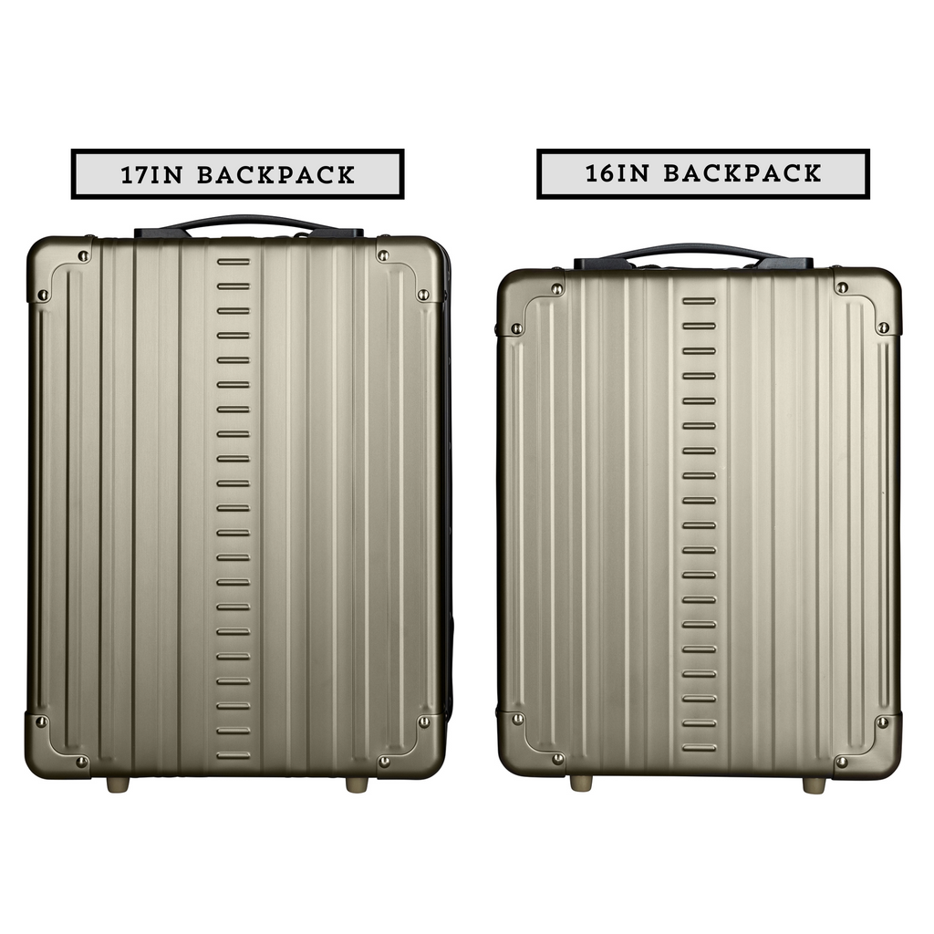 Two Aleon aluminum backpacks, one labeled '17in Backpack' and the other '16in Backpack' for size comparison