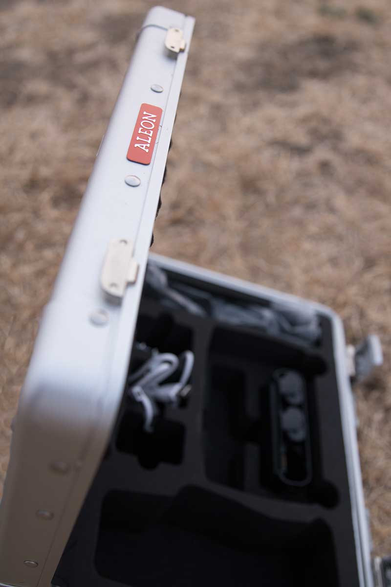 Detail view of Aleon 15-inch drone case TSA‑approved locks and reinforced aluminum hardware