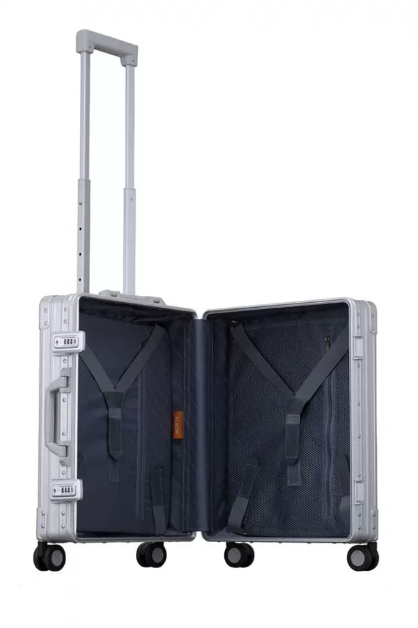 Side profile view of ALEON international carry on in platinum|Front view of ALEON international carry on crafted from aluminum||||International-carry-on-21-inches-in-silver-made-with-aluminum|international-carry-on-luggage made with aluminum overview video|21-Aluminum-International-Carry-On-Silver (1)|21-Aluminum-International-Carry-On--opened-with-2-conpression-boards-silver|21-Aluminum-Internati