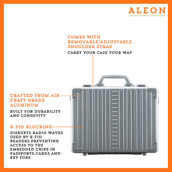 Front view of Aleon attache case in silver platinum made from aluminum with rfid blocking qualities