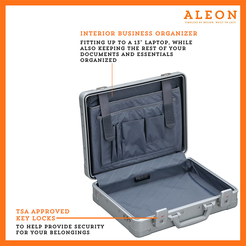 1519-PL-open Open view of Aleon attache case with business divider to keep businessperson organized