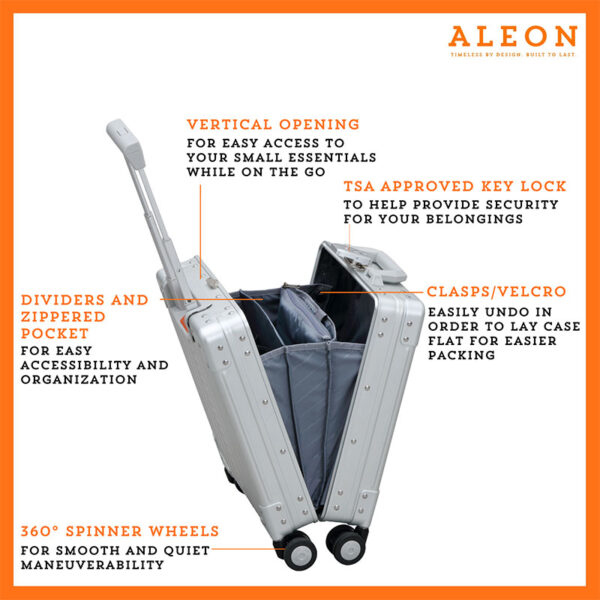 Open view of Aleon silver platinum vertical opening personal case with spinner wheels and tsa lock