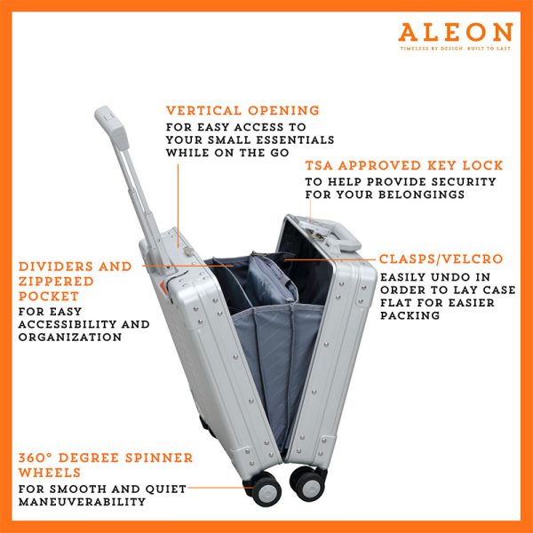 Vertical opening silver platinum Aleon case with spinner wheels and dividers