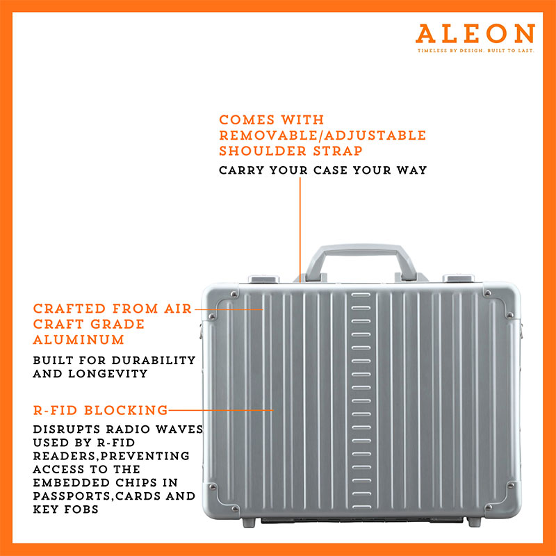 1719-Front-PL Front view of ALEON business 17in attache case crafted from air craft grade aluminum that ensures durability