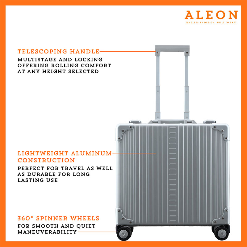 Silver paltinum Aleon vertical opening business case with telescoping handle, aluminum construction and spinner wheels