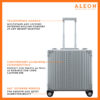 Front view of silver platinum Aleon business case with tsa approved locks, spinner wheels and aluminum construction