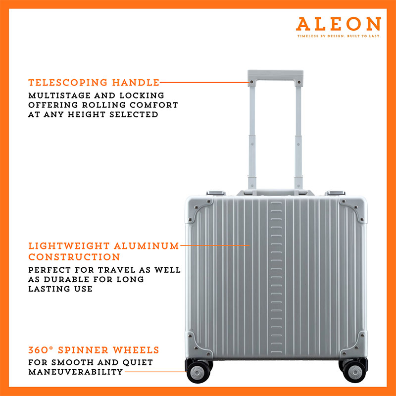 1837-platinum-front Front view of silver platinum Aleon business case with tsa approved locks, spinner wheels and aluminum construction