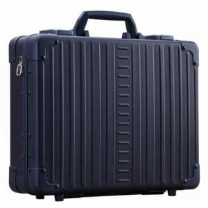 Side of aluminum briefcase blue in color