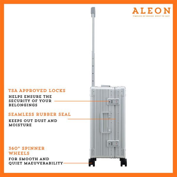 Detailed view of the platinum silver ALEON Carry-On with Suiter’s TSA-approved locks, emphasizing its secure aluminum construction and travel-ready protection