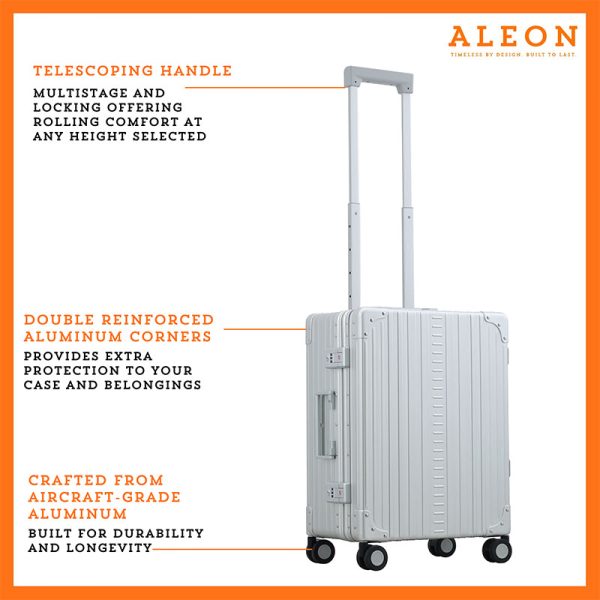 ALEON Carry-On with Suiter standing upright, showcasing its structured aluminum body, reinforced corners, and smooth-rolling wheels for effortless maneuvering