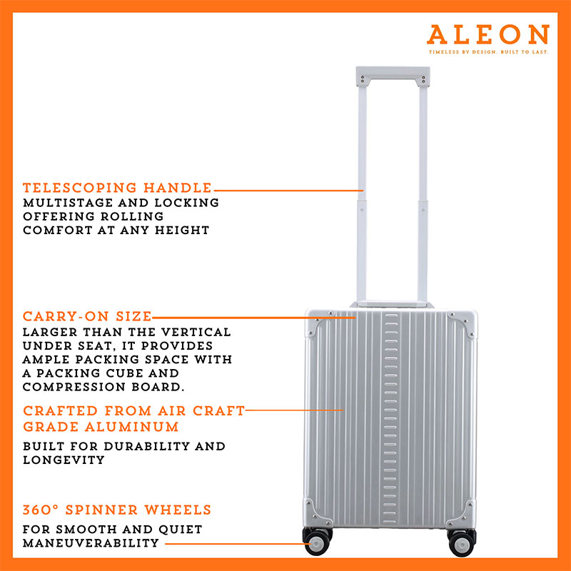 Fron view of Aleon vertical carry on in platinum