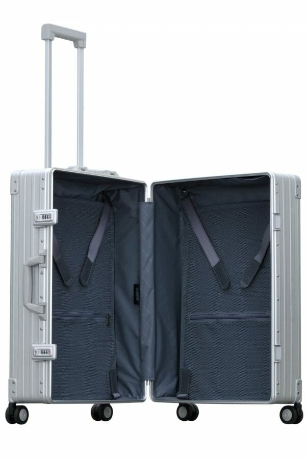 silver checked luggage