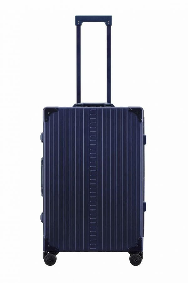 26 inch aluminum checked suitcase with wheels in blue