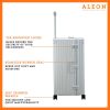 A sleek, platinum-colored aluminum trunk-style suitcase with reinforced corners and a sturdy telescoping handle. The case stands upright, showcasing its durable construction and TSA-approved combination locks.