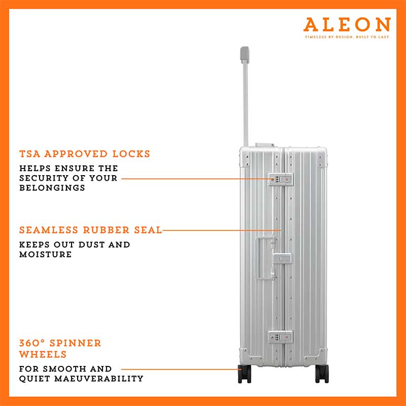 Detailed close-up of the ALEON Macro Traveler Checked Case’s built-in TSA-approved locks, highlighting its secure and travel-friendly design