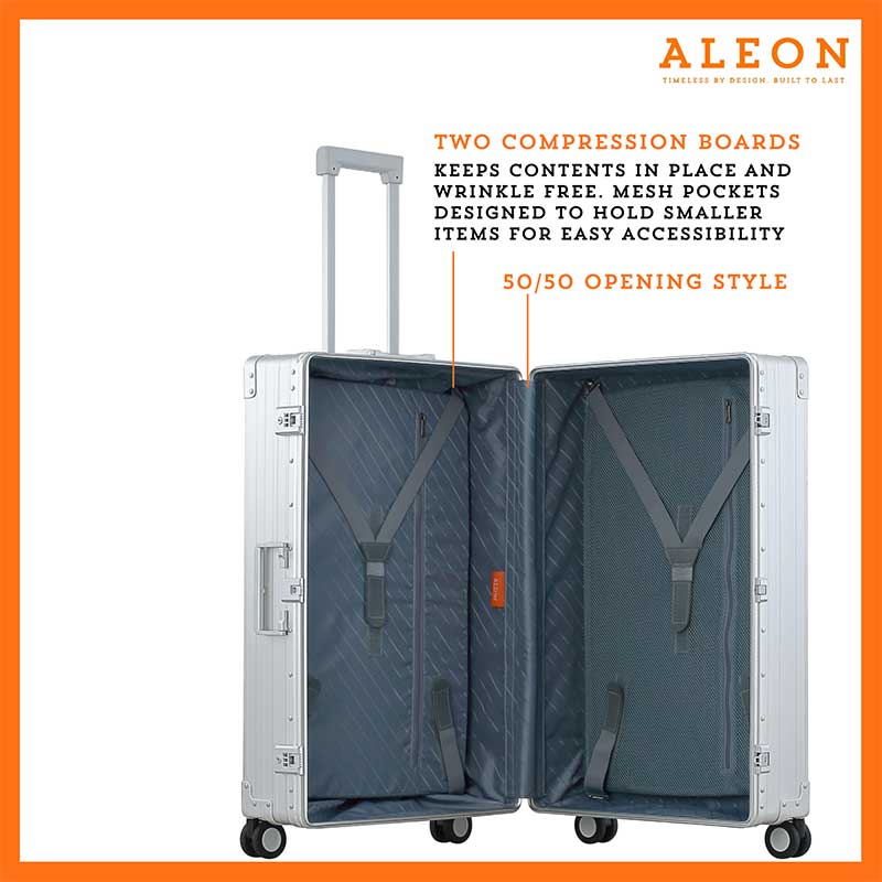 ALEON silver platinum Macro Traveler Checked Case open to reveal organized interior with compression straps and a zippered divider, ensuring secure storage for travel essentials.