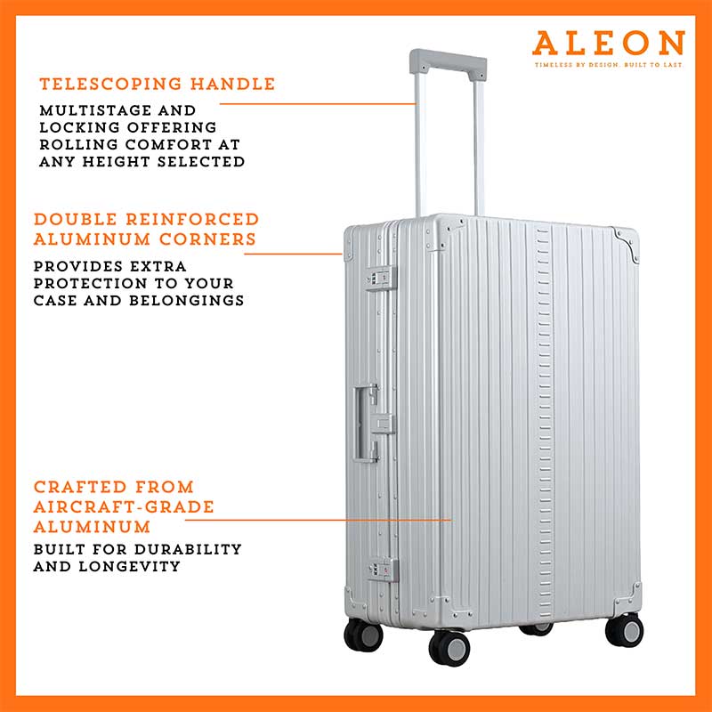 ALEON silver Macro Traveler Checked Case in brushed aluminum finish, standing upright with reinforced corners and dual lock latches, showcasing its sleek and durable design.