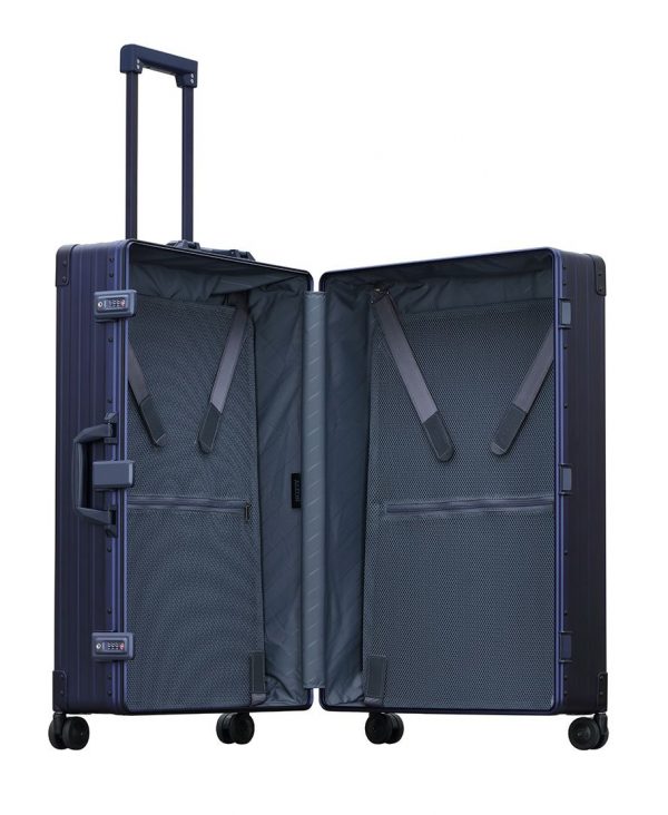 Blue aluminum suitcase in 30 inches