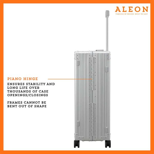 Detailed close-up of the ALEON Macro Traveler Checked Case’s piano hinge