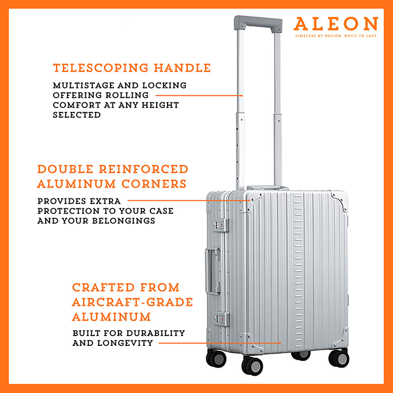 Artboard-1-(2) The ALEON 21" Carry-On rests beside a plush airport lounge chair, its refined metallic finish complementing the sophisticated travel setting. Designed for durability and elegance, it exudes premium craftsmanship and functionality.