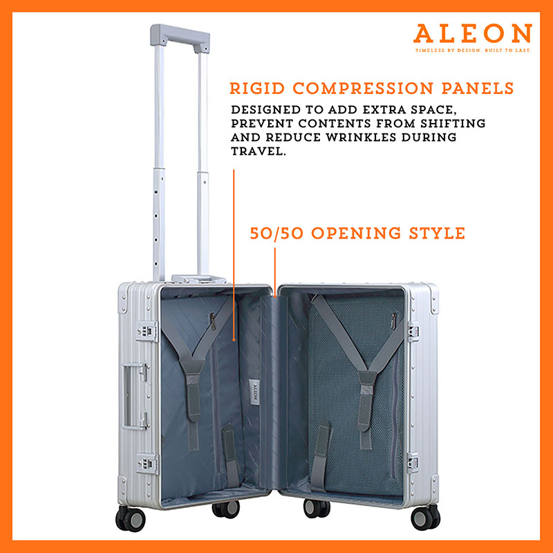 Artboard-2-(3) An open platinum ALEON 21" Carry-On reveals a neatly arranged interior with compression panels and secure straps, showcasing its well-structured design for organized packing. The TSA-approved locking mechanism adds an extra layer of security.