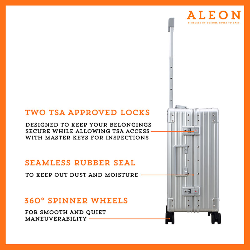 Artboard-3-(2) The ALEON silver 21" Carry-On glides effortlessly through a busy terminal, its precision-engineered wheels navigating the polished flooring with ease. The sturdy telescoping handle ensures a comfortable grip for travelers.