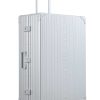 Side front profile of Aleon 32" Checked Luggage made for long trips with durable aluminum exterior