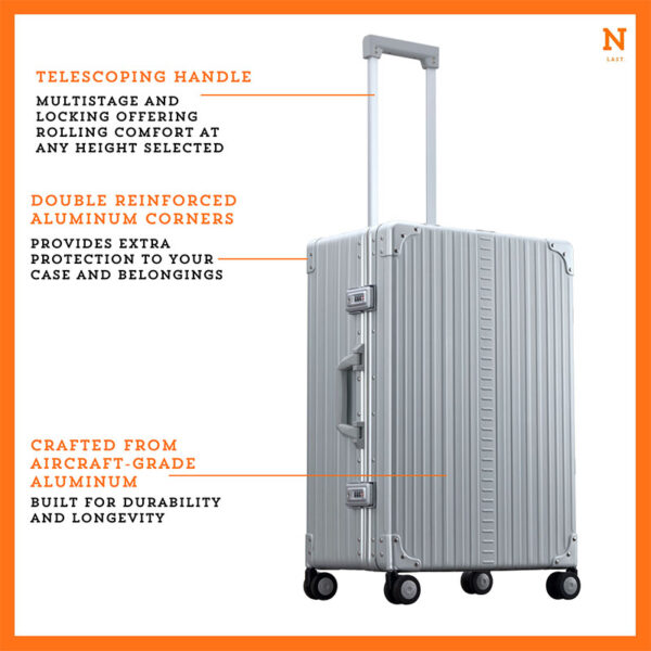 Side profile view of platinum silver checked traveler case made from aluminum