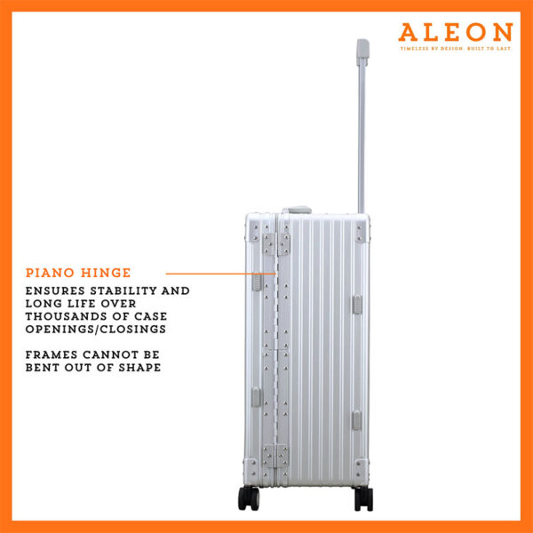 Hinge view of Aleon checked case with full length piano hinge for unbeatable durability