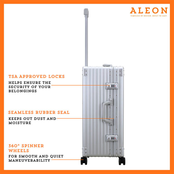 Lock view of Aleon checked case in silver platinum with spinner wheels