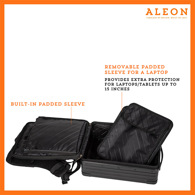 16-Backpack-ON-open-packing-cube Aleon backpack open with removeable laptop sleeve