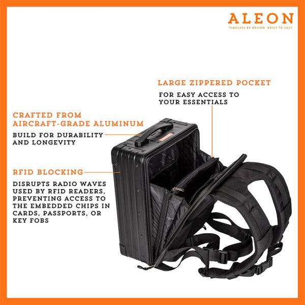 Black Aleon backpack open with zippered pocket