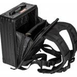 Aluminum Backpack Black showing straps and is open