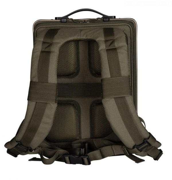 Bronze Aluminum Luggage backpack showing straps