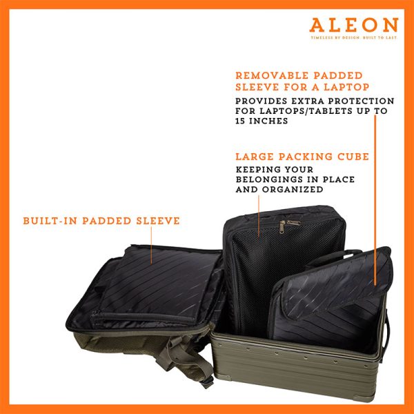 Aleon backpack open with removable backing cube and laptop sleeve